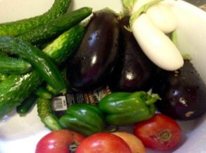 Cucumber & nightshades harvest: eggplant, peppers tomatoes,