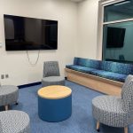 205 4-seat group study room with coffee table, bench seat, view of green roof
