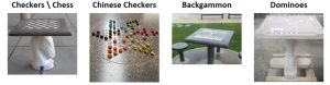 Image with 4 gaming table choices: Checkers and Chess, Chinese Checkers, Backgammon, Dominoes